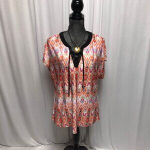 Notations Top Womens Size Large Stretchy Laced Neckline Short Sleeve Tunic